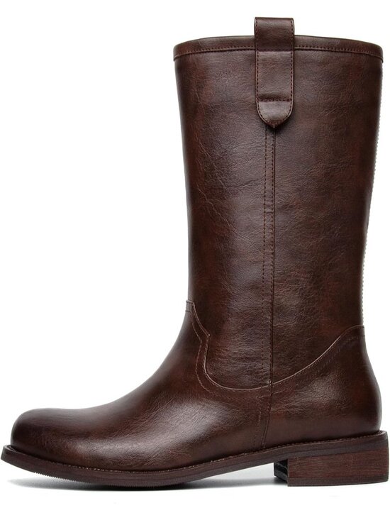 Shoes - Women's Dark Brown Faux Leather Chunky Block Low Heel Comfortable Casual Boot